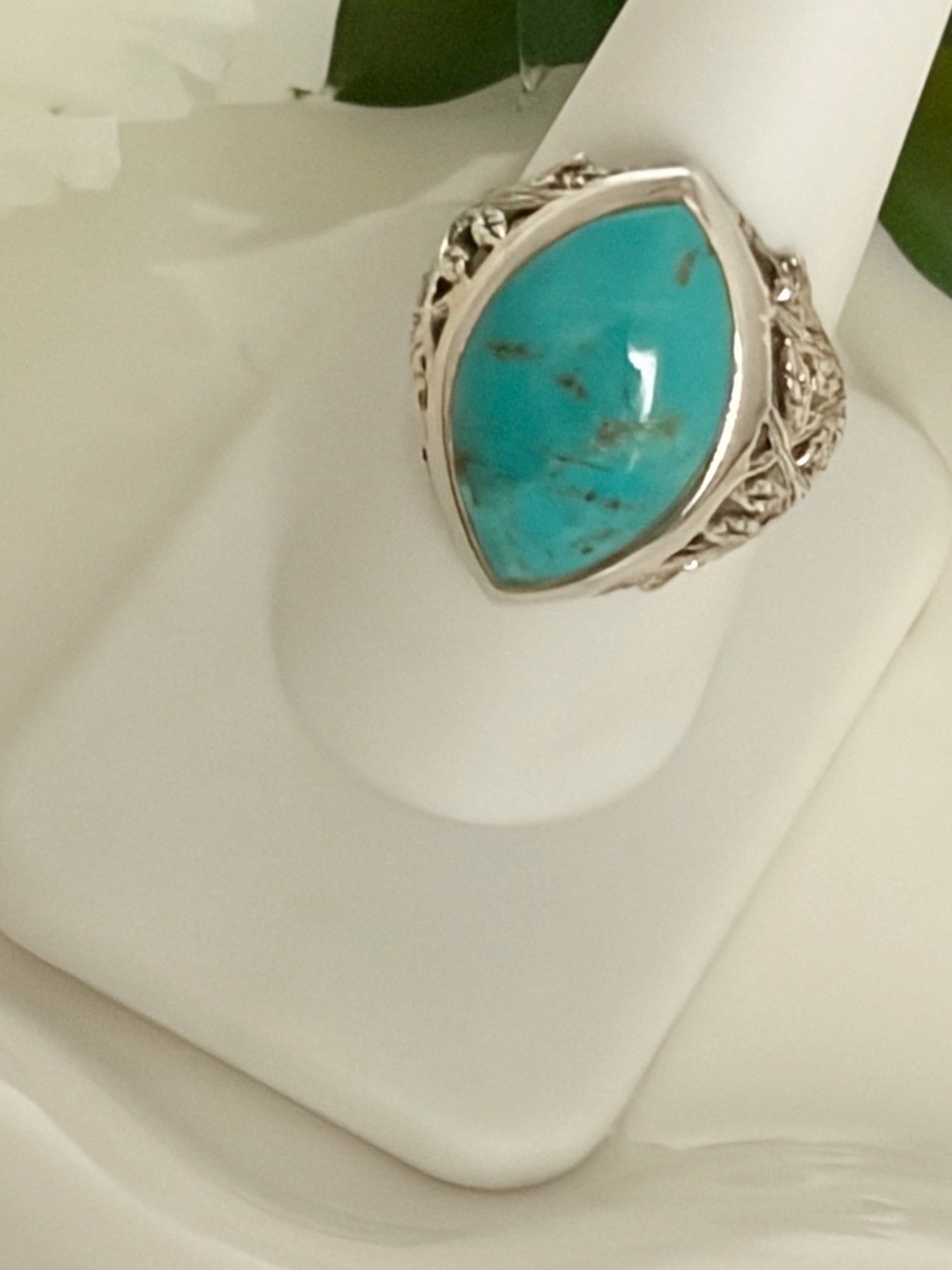 Vintage Sterling Silver 925 Marquise Turquoise Chunky Ring Size 9 Nice Condition